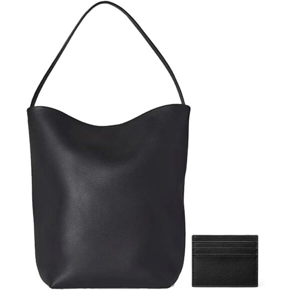 Handbags - Genuine Leather Bucket Bag with Credit Card Holder, Medium Size, Black
